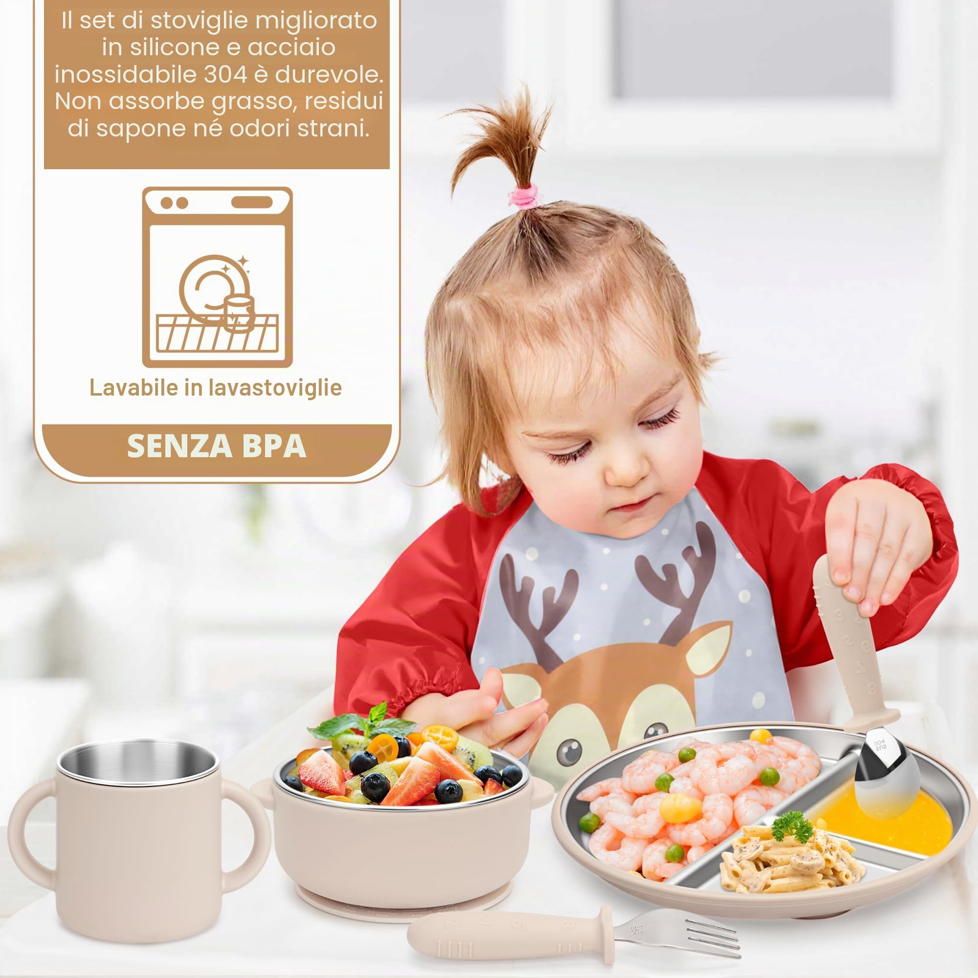 Set di stoviglie per bambini in acciaio inox con ventosa, 6 pezzi in acciaio inox con piatto per bambini, bicchierini per imparare a bere, bavaglini con maniche, cucchiaio per bambini