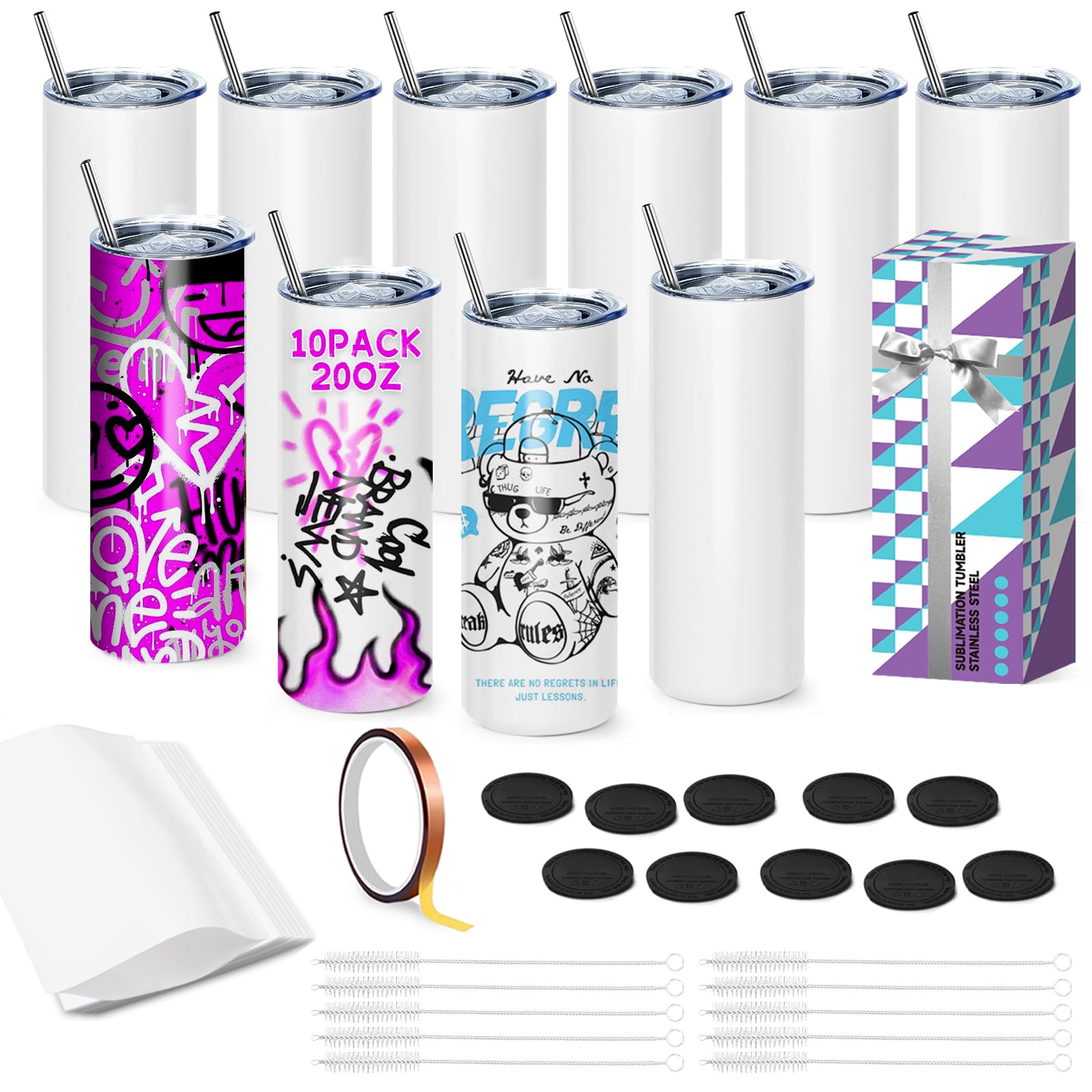 10 Stück Sublimation Rohlinge 20 oz Trinkhalm für Tassen, White Straight Bulk Edelstahl Tumbler, Sublimationsbecher für Wärmeübertragung, mit Deckel und Stroh, Schrumpffolie, einzeln verpackt