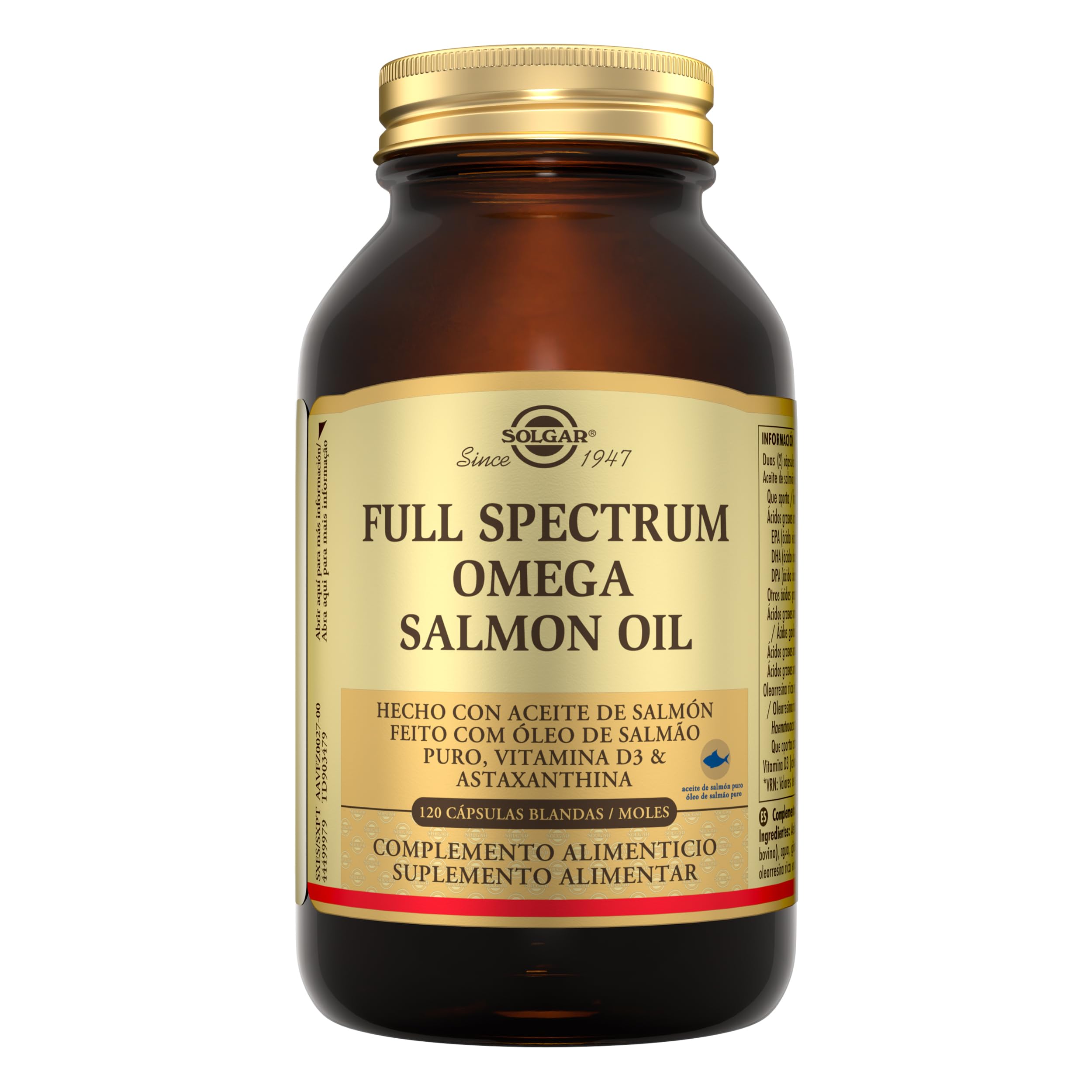 Solgar Full Spectrum Omega Salmon Oil | 120 Cápsulas Blandas | EPA DHA Omega 3 5 6 7 9 · Vitamina D3 · Astaxantina · Destilado Molecularmente · Salmón Nórdico Sostenible · Sin Gluten