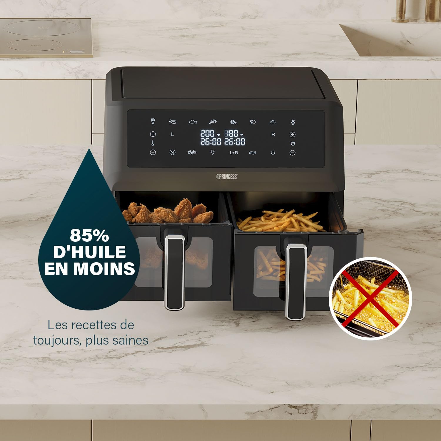 Princess XXL friteuse sans huile à double panier - 11 L - Sans BPA ni PFAS - Fin de cuisson synchronisée - 8 programmes - Hublot - 2 400 W - 182276