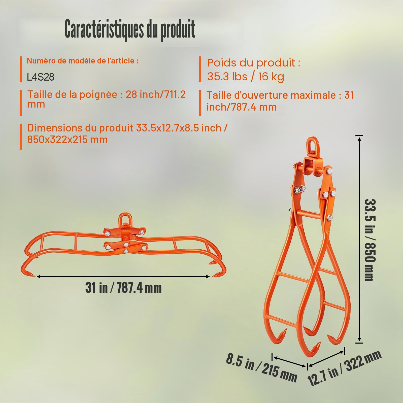 VEVOR Pince Forestière pour Troncs 711,2 mm Pince de Levage pour Bois Bûches Crochets 4 Griffes Pivotante Capacité Charge 1000 kg Pince à Bois en Acier pour Tracteurs VTT Camions Chariots Élévateurs