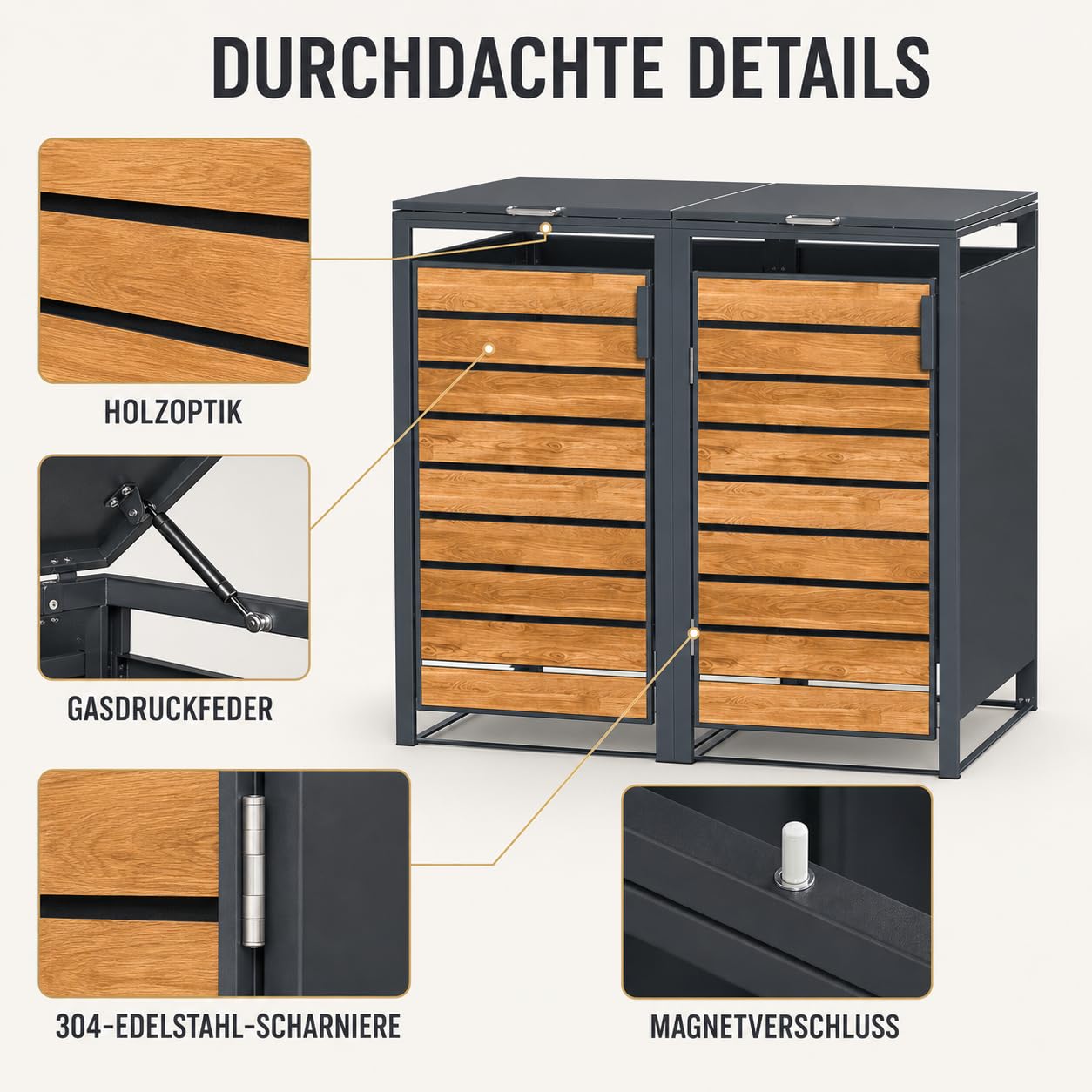 JOMO Mülltonnenbox 2er 120L mit Holzoptik, Mülltonnenhaus aus verzinktem Stahl für 2X 120L Tonne, wetterfeste Mülltonnenverkleidung mit Holzdekor, stabile Müllbox mit Belüftung