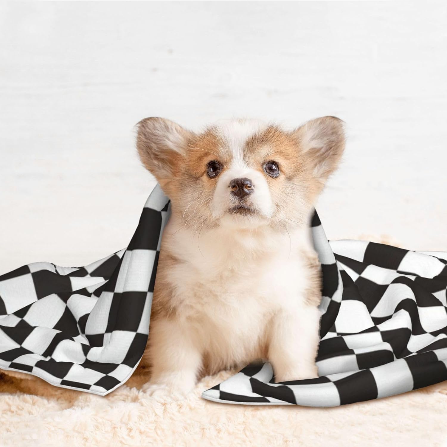 Black and White Checkerboard Print Soft Plush Pet Blanket, Washable Dog Blanket, Cat Fleece Throw, Puppy Bed Crate Mat & Sofa Couch Protector - Large