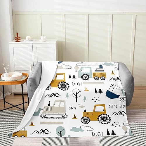 Feelyou Coche de dibujos animados para niños, manta de franela de forro polar para construcción, manta mullida para decoración de camiones, cama