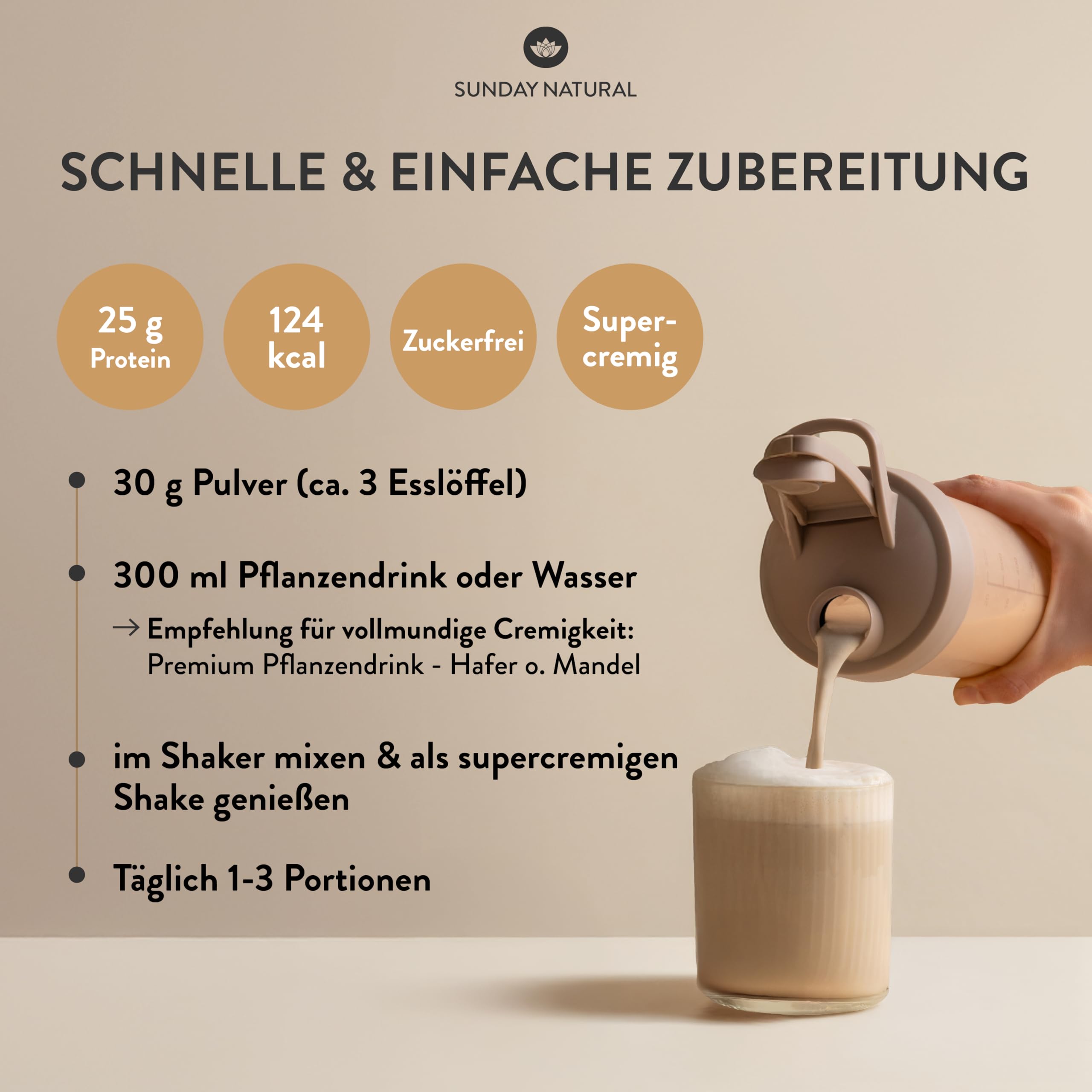SUNDAY NATURAL® Veganes Proteinpulver – 1 Kg – Super Creamy Vegan Protein Pulver Vanille – 25g Eiweiß pro Portion - 3K Protein-Shake – Gesamtes EAA- & BCAA-Profil – Ohne Zuckerzusatz, Laborgeprüft