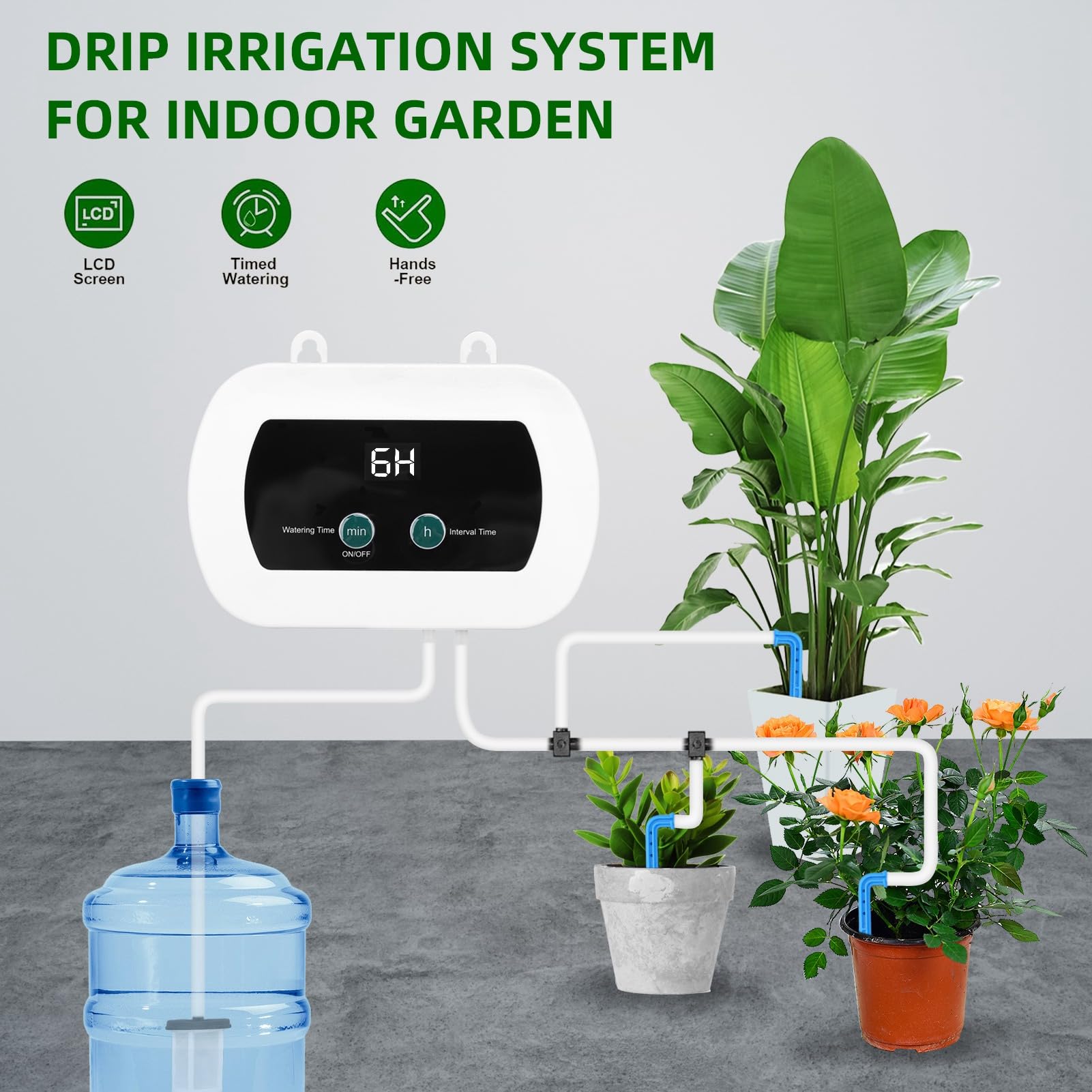 Kit di irrigazione a goccia per irrigazione automatica per piante con controllo APP Smart BT con display a LED per 10 piante in vaso per uso interno ed esterno
