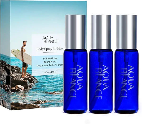 AQUA BLANCE Mens Body Spray, Travel Size Body Spray For Men, long lasting, 3-Pack Set, each 2.1 Fl Oz, Notes of Lemon, Amber, Oud, Leather