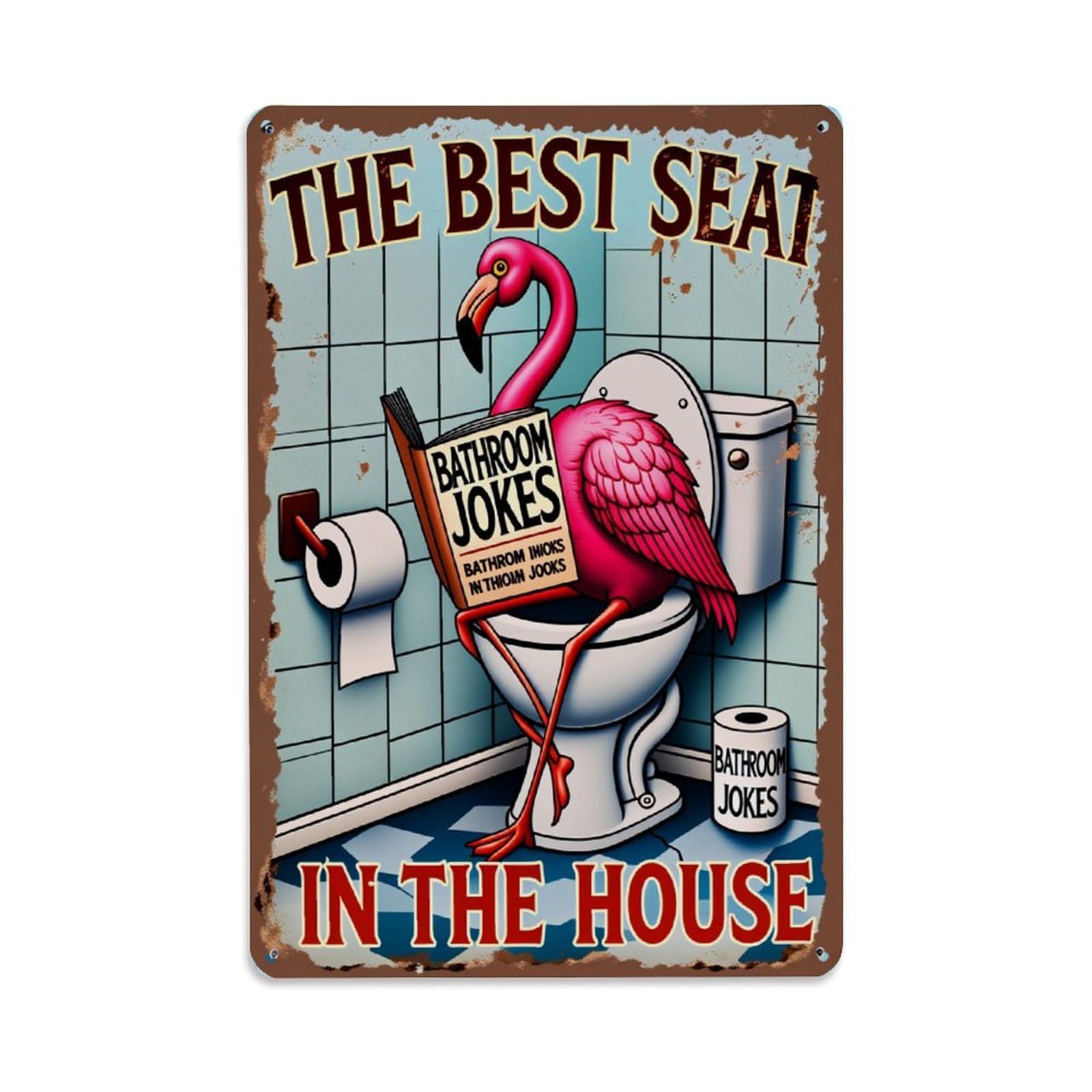 Flamingo On Toilet Reading Book Tin Sign Vintage Metal Poster Retro Bar, Home, Man Cave, Kitchen, Laundry Room Wall Art Decor Gift 8x12 Inch