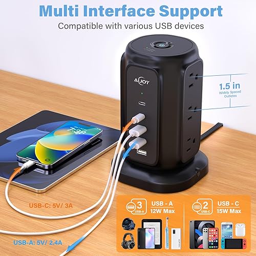 Miniatura 6 de AiJoy - Regleta de alimentación de enchufe plano con 2 puertos USB-C y 3 puertos USB-A, cable de extensión ultrafino de 6.5 pies con múltiples
