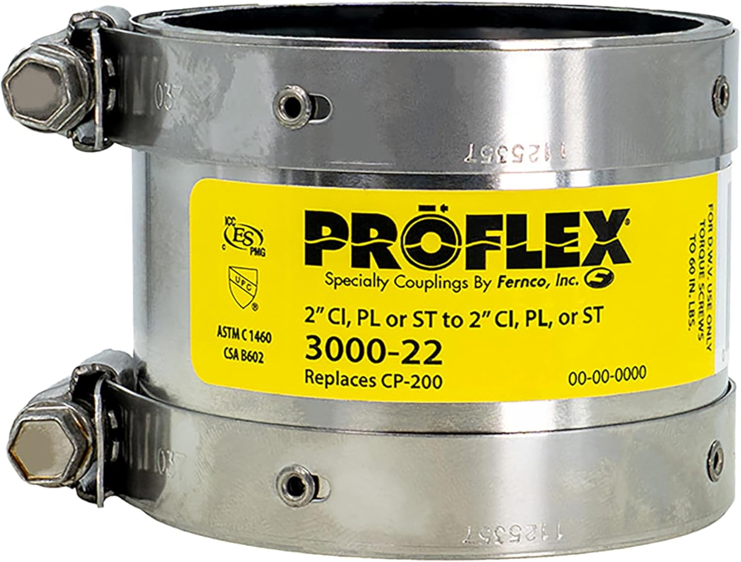 Fernco P3000-22 Proflex Shielded Pipe Coupling Connector Cast Iron, Plastic, Steel, or Extra-Heavy Cast Iron 2" to 2"
