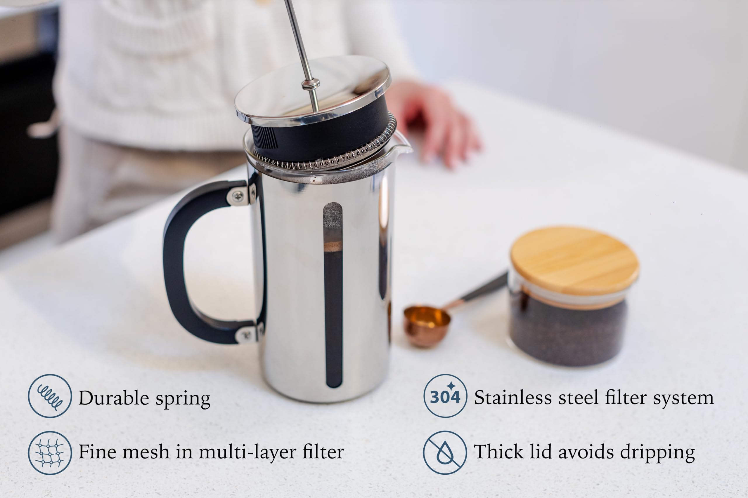 Prensa francesa de vidrio de borosilicato con acero inoxidable 304, capacidad de 1000 ml, elegancia clásica y diseño moderno para los entusiastas del café