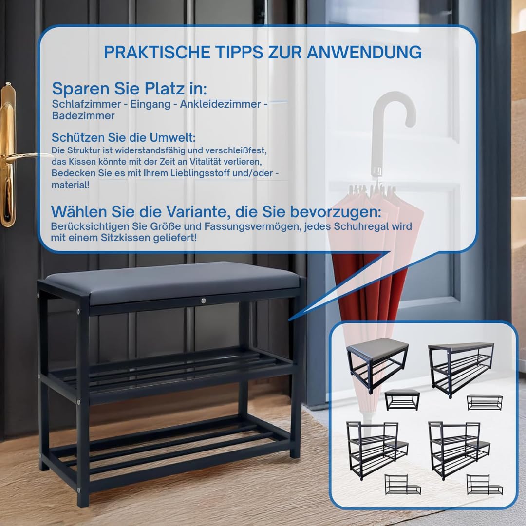 Maka Schuhregal Platzsparend, Schuhregal Mit Sitzbank Metall Schwarz, Shoe Rack Outdoor Wetterfest, Schuhbank mit Sitzfläche, Schuhbank Schwarz (Plus 90 cm)