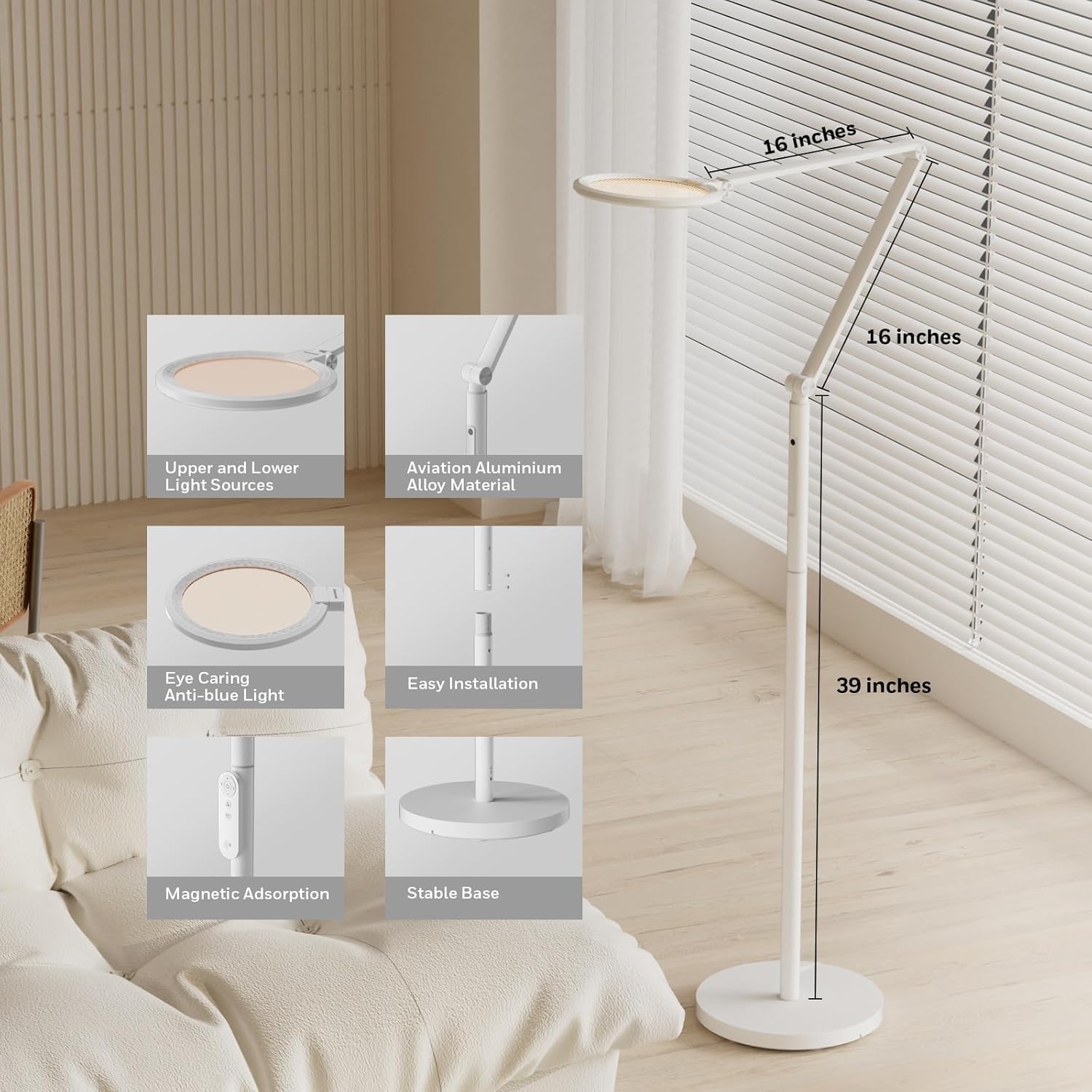 Honeywell LED Floor Lamp - F01WT Sunturalux™ Eye Caring Dimmable Standing Light with Remote,Bright Natural Daylight 5 Colors & 5 Brightness Adjustable Tall Lampara for Home Office Living Room Bedroom