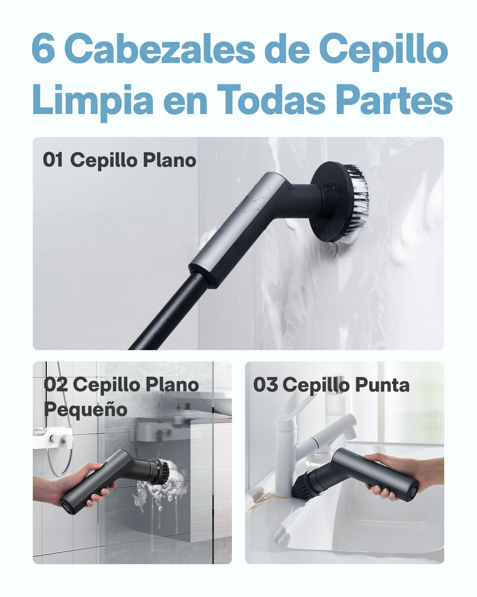 HOTO Cepillo Electrico Limpieza Hogar, Cepillo Limpieza Electrico con 6 Cepillos Reemplazables, 2 Velocidades, Mango Ajustable 90-120CM, IPX7 Resistente al Agua, para Baño, Cocina, Coche, Tina