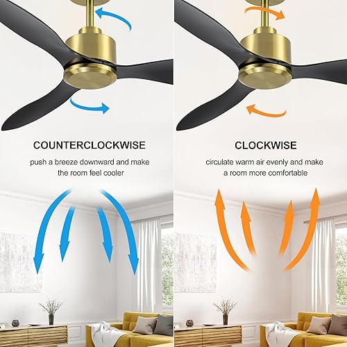 Miniatura 3 de Ventiladores de techo de 52 pulgadas sin luz, control remoto de ventilador de techo dorado y de 3 aspas negras, motor CC reversible silencioso,
