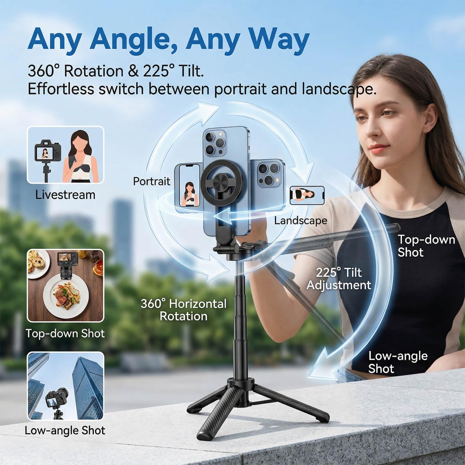 Bastone Selfie Magnetico con Treppiede – Magnete N52 potente, Telecomando Bluetooth con Zoom e 20m di portata, Mini 11,5cm, Piedino a 4 gambe, Rotazione 360° – Per Vlogging e Live Streaming