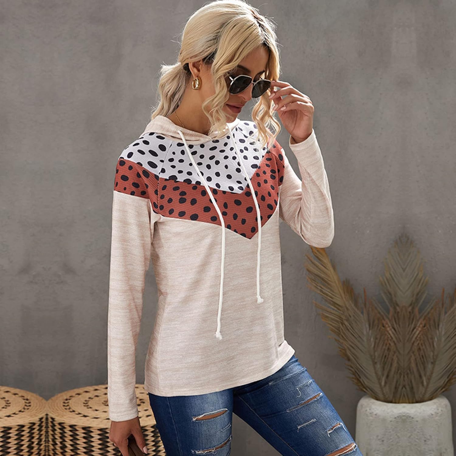 Women's New Pullover Leopard Print Contrast Stitching Casual Hooded Women's Sweater (Beige) (Beige 2XL)