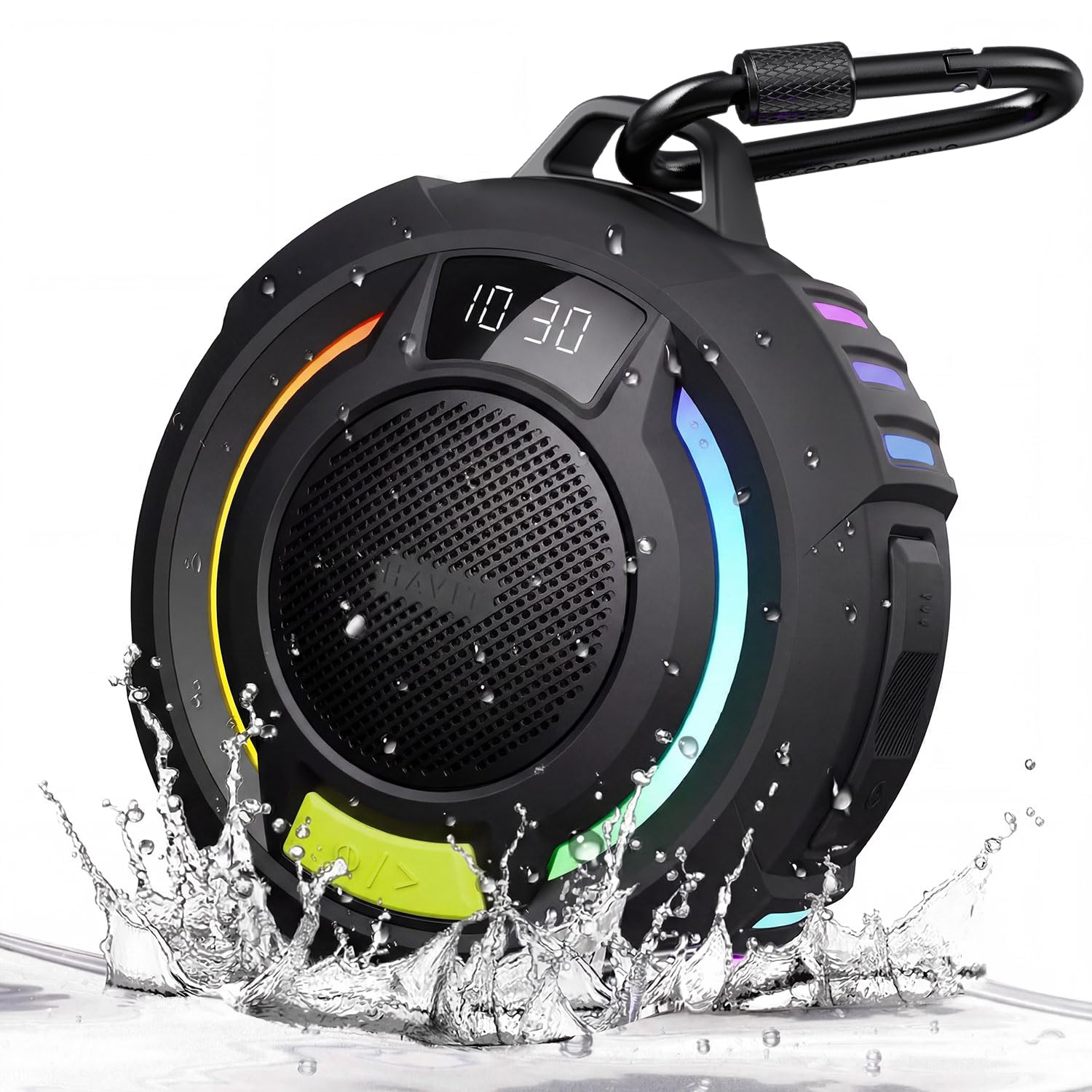havit Dusch-Lautsprecher, Bluetooth-Lautsprecher mit 360°-Surround-Sound, RGB-Lichter, eingebautes Mikrofon, BT6.0, IPX7 wasserdichter kabelloser Lautsprecher mit Karabiner für Party/Outdoor