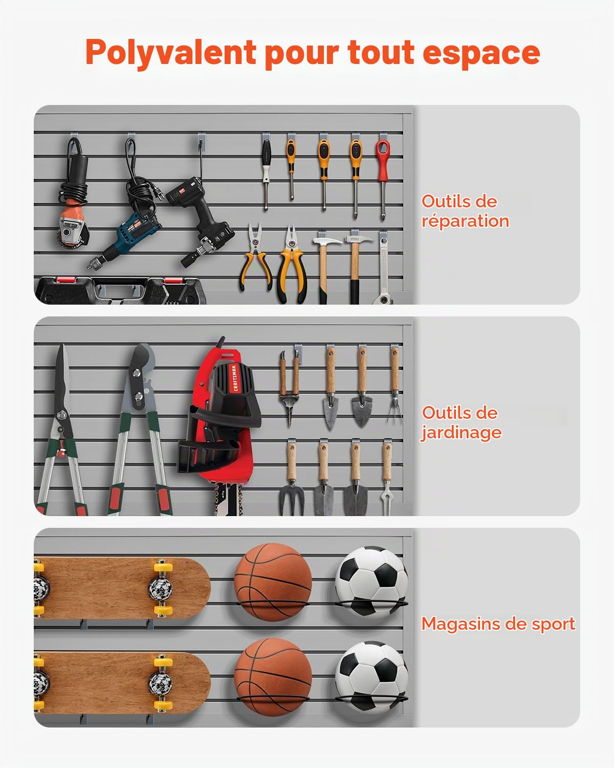 VEVOR Panneau à Lattes Mural Garage, 1225 x 645 mm, Panneau Rangement Outils en PVC avec Conception Modulaire, Porte-outils Muraux pour Affichage, Organisation, Stockage, Atelier, Artisanal, Gris