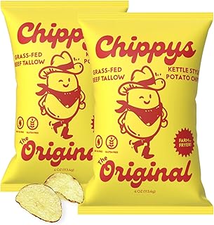 CHIPPYS – Grass-Fed Beef Tallow Potato Chips – The Original (Sea Salt) – Kettle-Cooked, Seed-Oil-Free, Paleo & Keto Friendly, Non-GMO, Gluten-Free, Small-Batch Crunch, (2-pack) 4oz. Bag