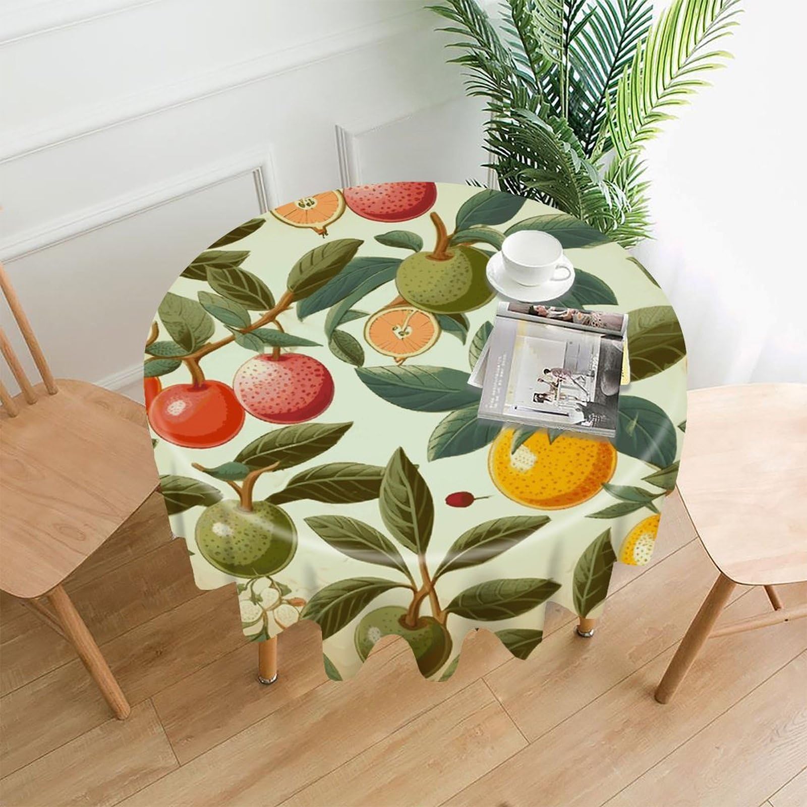 FodPand Plants and Fruits Round Tablecloth - 60 Inch Premium Polyester Table Cloth, Fashion Wrinkle Resistant Decorative Table Cover for Dining Kitchen Party Buffet Tables