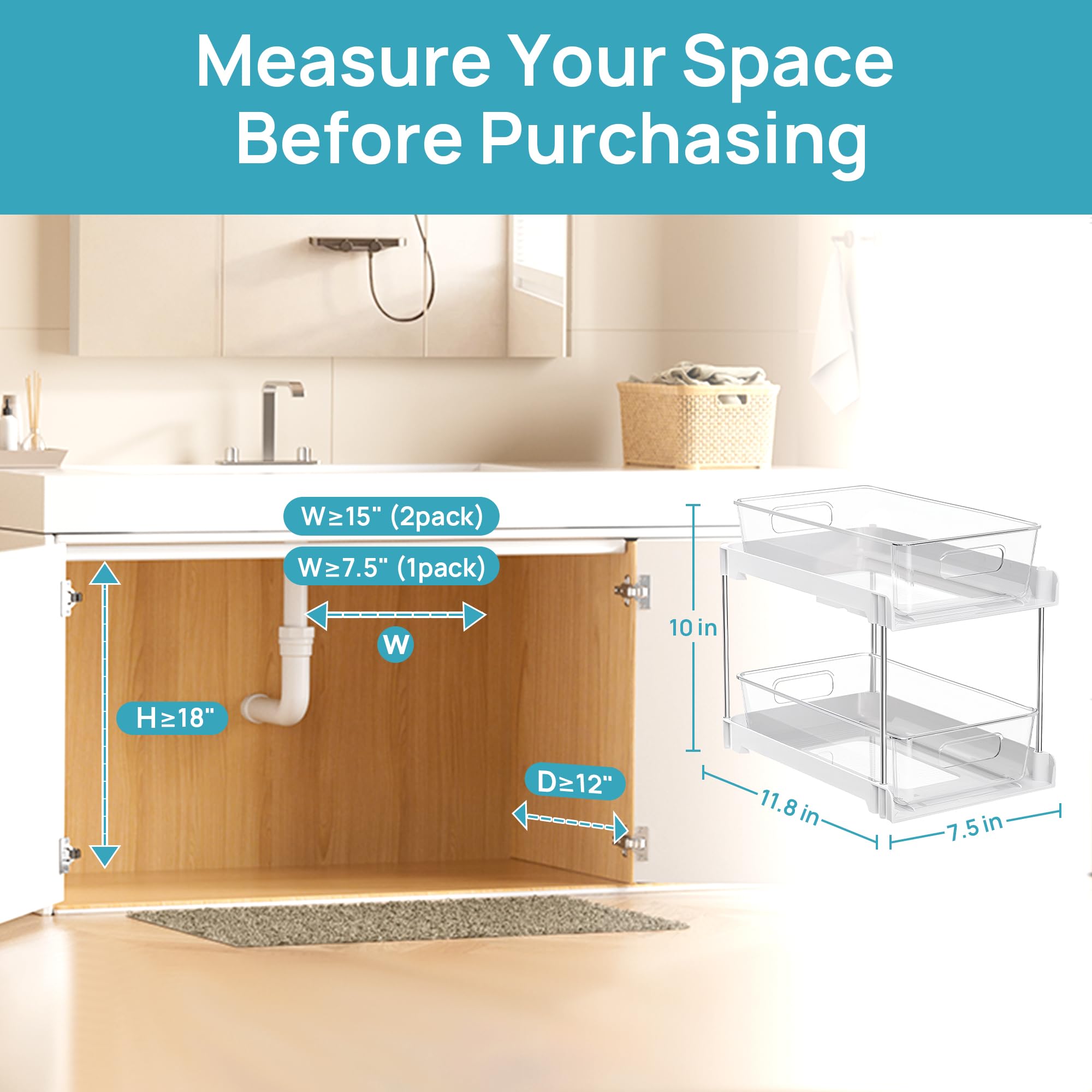Vtopmart Lot de 4 organiseurs de salle de bain coulissants sous évier (S-Standard, blanc)
