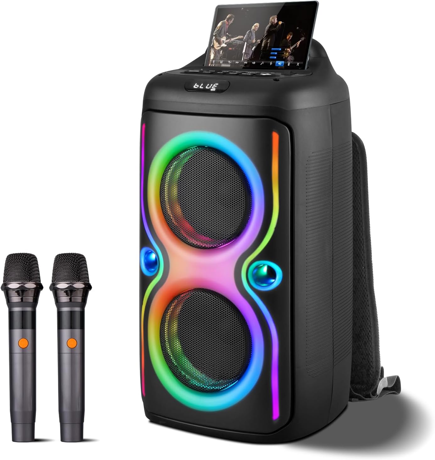 Máquina de karaoke con 2 micrófonos inalámbricos para adultos, altavoz de karaoke portátil con 2 subwoofers de 6.5 pulgadas y luces pulsadas, diseño