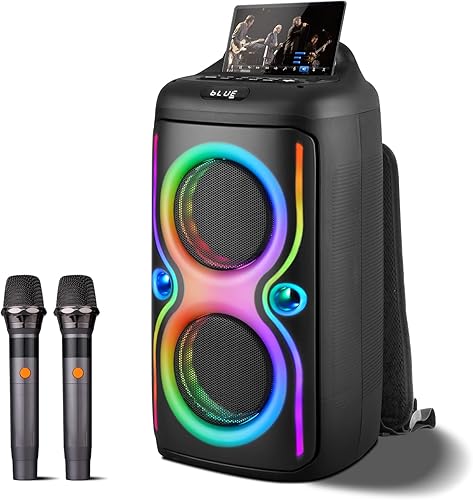 Miniatura 1 de Máquina de karaoke con 2 micrófonos inalámbricos para adultos, altavoz de karaoke portátil con 2 subwoofers de 6.5 pulgadas y luces pulsadas, diseño