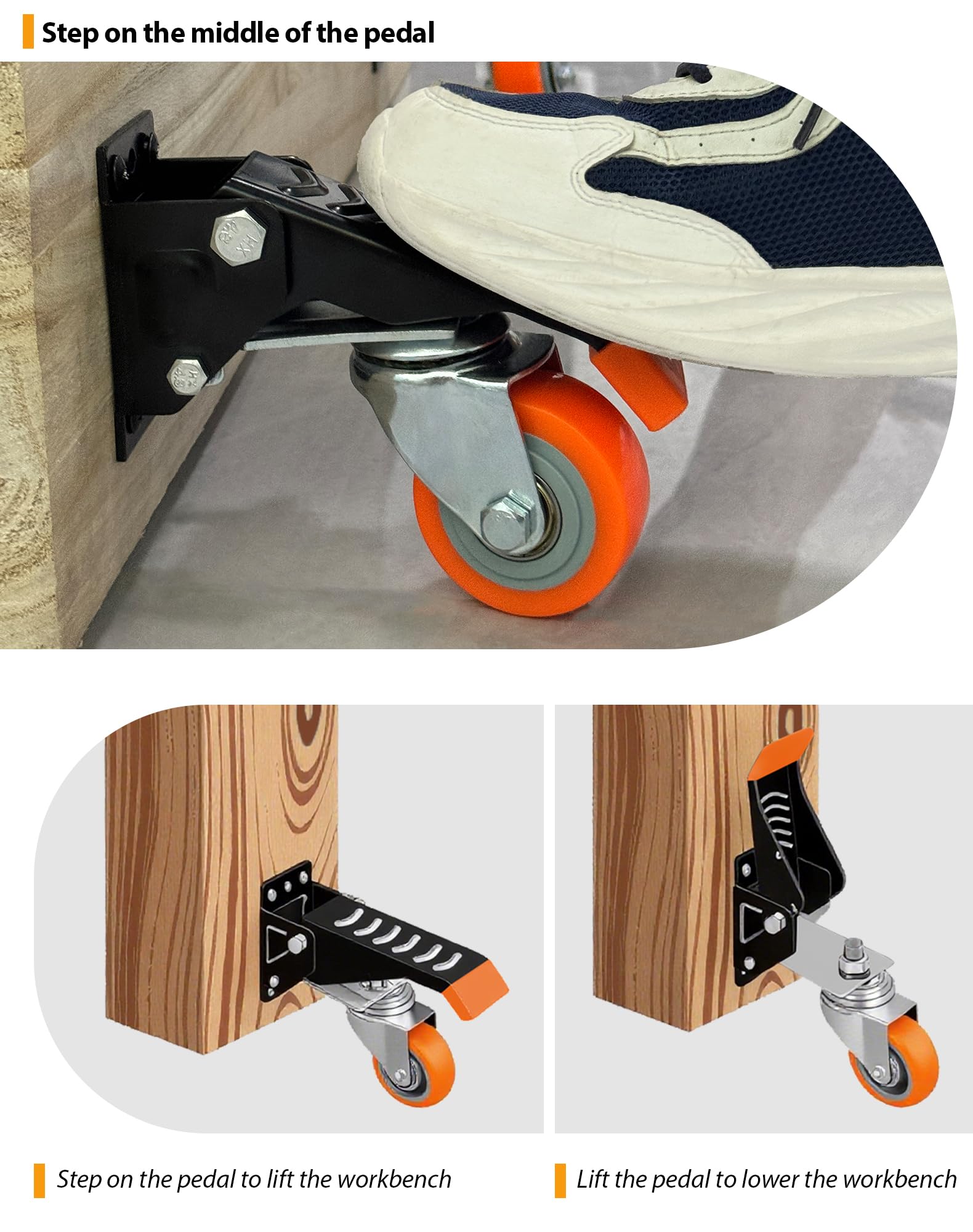 Roulettes Charge Lourde Pivotantes 63,5 mm – Lot de 4 Roulettes d’Établi Rétractables, Capacité 300 kg, Polyuréthane, Kit Complet pour Établis, Tables et Meubles