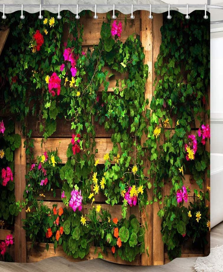 Antique Flowers and Grass Shower Curtain with Green Leaves and Flowers on The Wooden Fence Shower Curtain in Country Garden Waterproof Polyester Fabric Shower Curtain 72 X 72 Inch