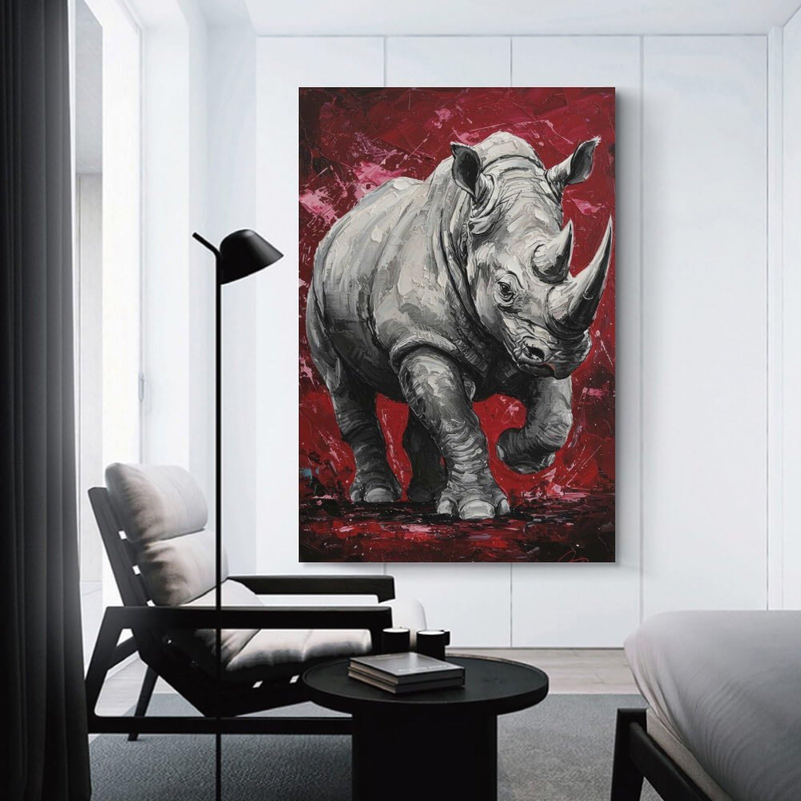 Junmoney Unframe-Style-3 Rhino Painting On Red Background Hanging Wall Art, 24X36inch(60X90cm), For Bedroom Decor, Cosy Corners Or Studios, An Easy Wall Refresh For Bedrooms