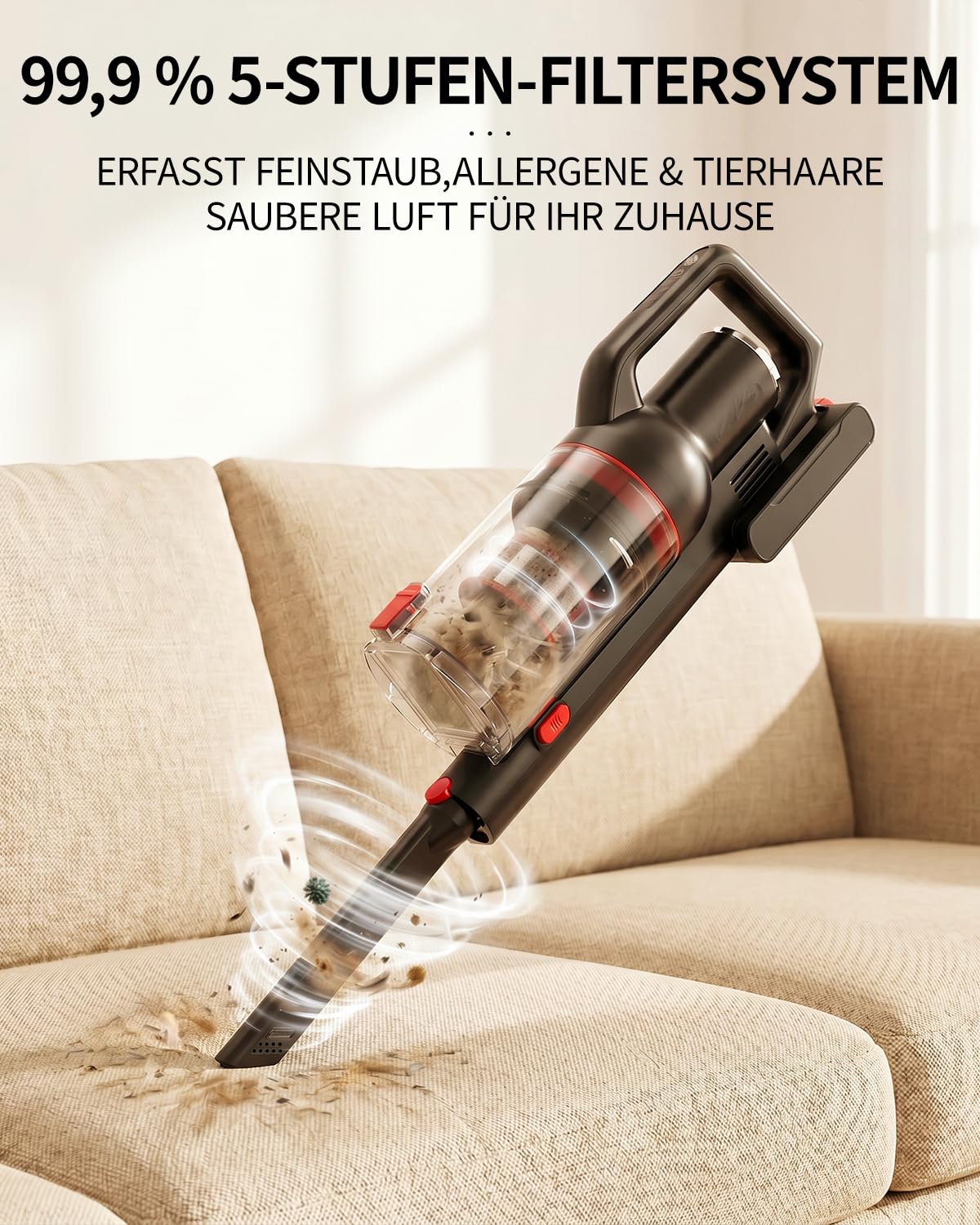 Akku Staubsauger Kabellos 40KPa/450W/50Min, Akkustaubsauger | Tierhaare/Teppiche/Hartböden/Auto| Anti-Tangle-Bürste| Selbststehend| Wandladestation| 8-Schicht-Filtration|Ultraleise