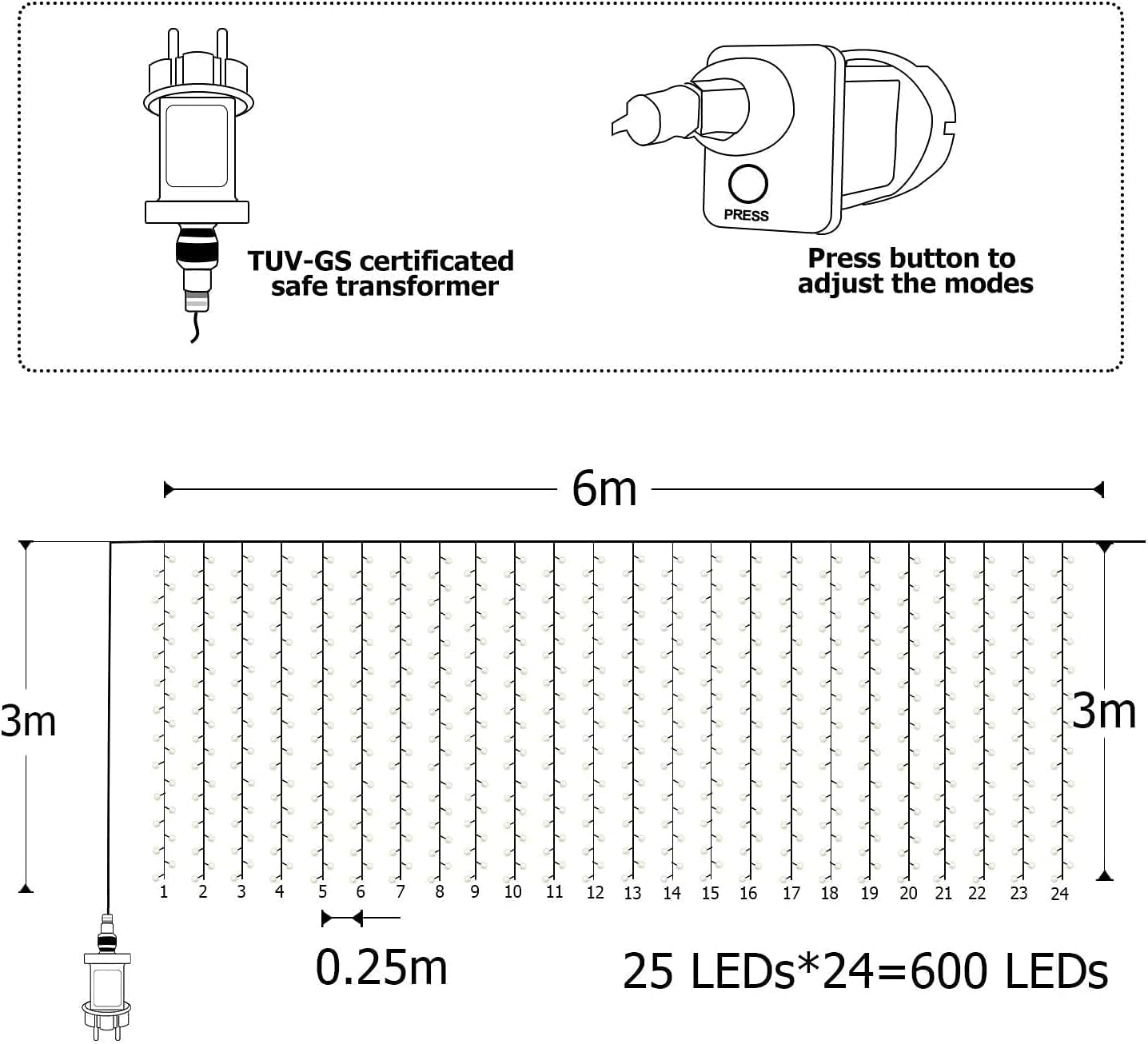 BESCOST Tenda Luminosa Esterno 6m*3m 600 LED Tenda Luci Led con 8 Modalità Luci Natale per Esterno Interno Bianco Caldo Luci per Tende Natale Luci da Esterno per Giardino Finestra Matrimonio
