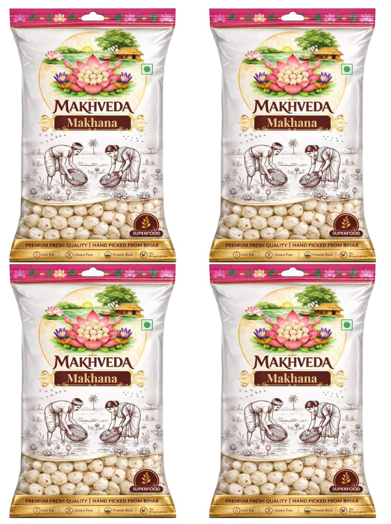 Makhveda Mithila Makhana Premium 6+ Suta Hand Picked Phool Makhana Healthy Fasting Snack Fox Nuts Lotus Puffs Desi Superfood 1Kg (250g x 4 Pack)-image-49