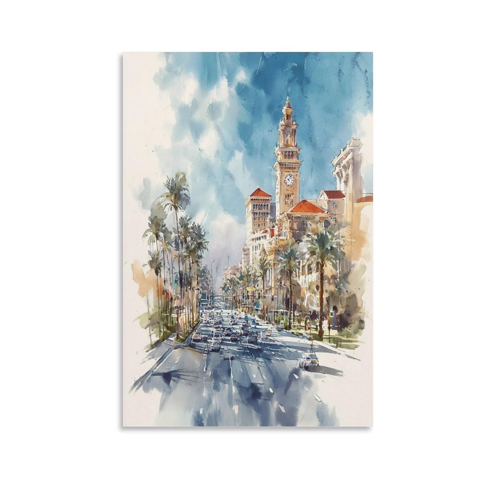 XWYMXZ Las Vegas Watercolor Tree 24x36inch(60x90cm) Vintage Travel Poster Watercolor Canvas Art