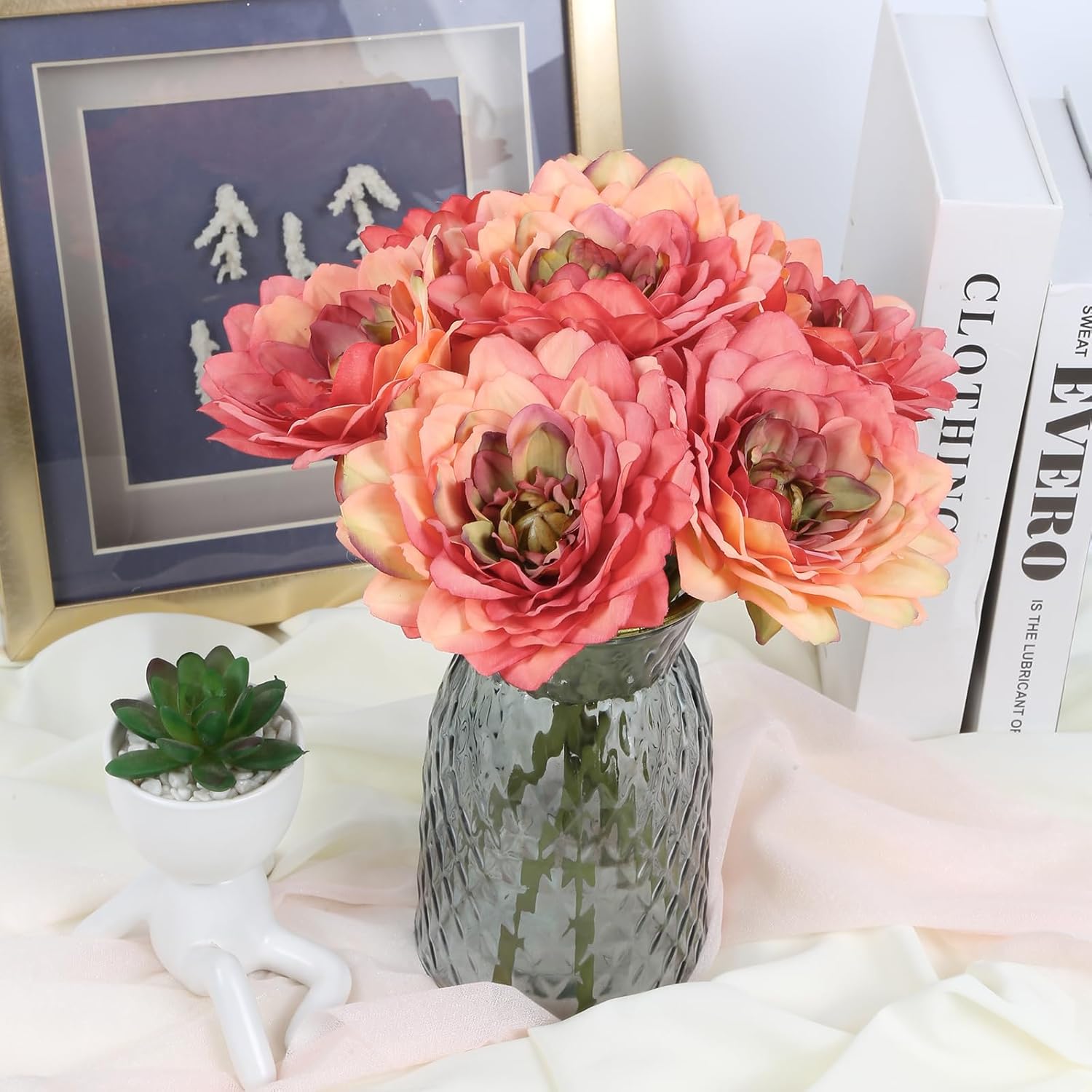 6pcs Dahlia Artificial Flowers 11.8" Silk Faux Dahlia Orange Fake Flower Arrangements for DIY Wedding Bouquets Centerpieces Home Table Party Garden Decorations(Orange) - Image 2