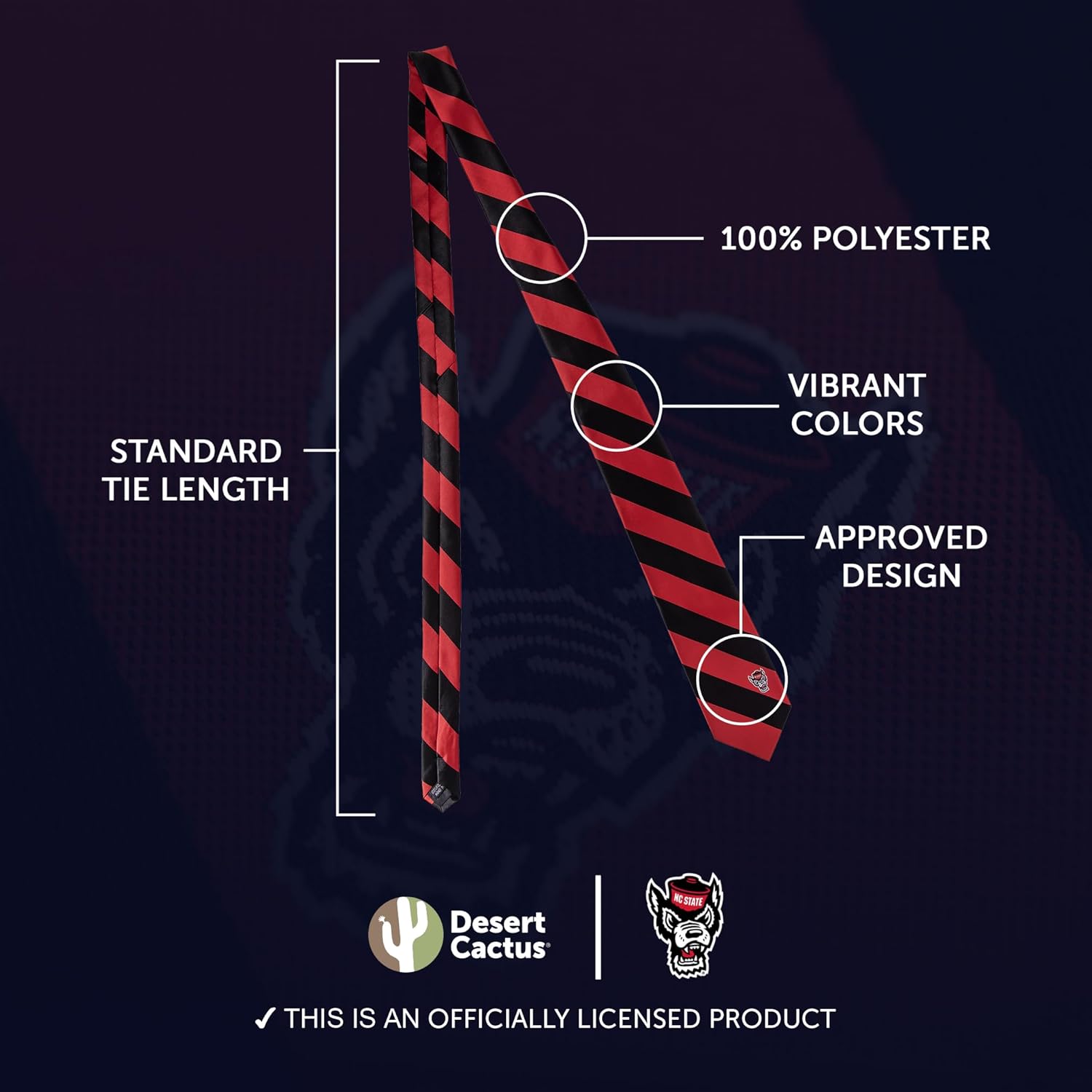 Desert Cactus North Carolina State University Neck Tie NC State Wolfpack 100% Polyester Necktie with Logo, Officially Licensed - Image 3