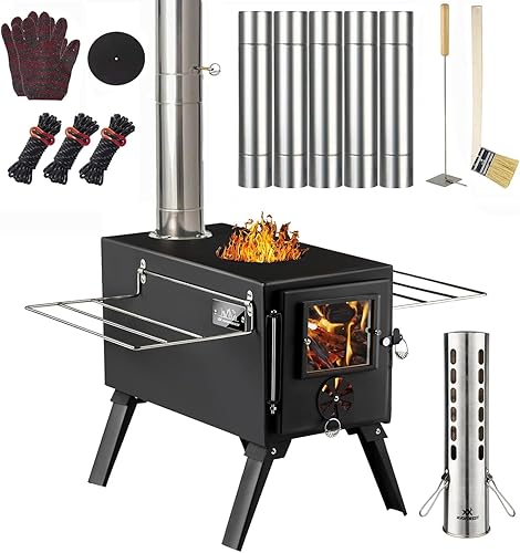 Vista 8 de Estufa de Tienda AVOFOREST Estufa de Leña con Pies Altos, Estufa de Tienda Caliente Portátil con 6 Tubos de Chimenea de Acero Inoxidable para Negro