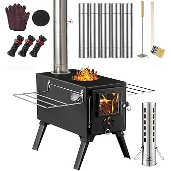 Wood Stove for Camping, Foldable, 7-Stage Chimney, Heat Resistant Glass, Includes Grid Shelf, Compact Storage, Steel, Heat Resistant Painting, Fire Pit, Outdoor, Wood Stove, Tent, BBQ