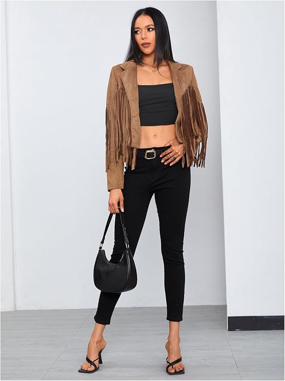 MakeMeChic Women's Faux Suede Tassel Jacket Button Down Fringe Jacket Outerwear