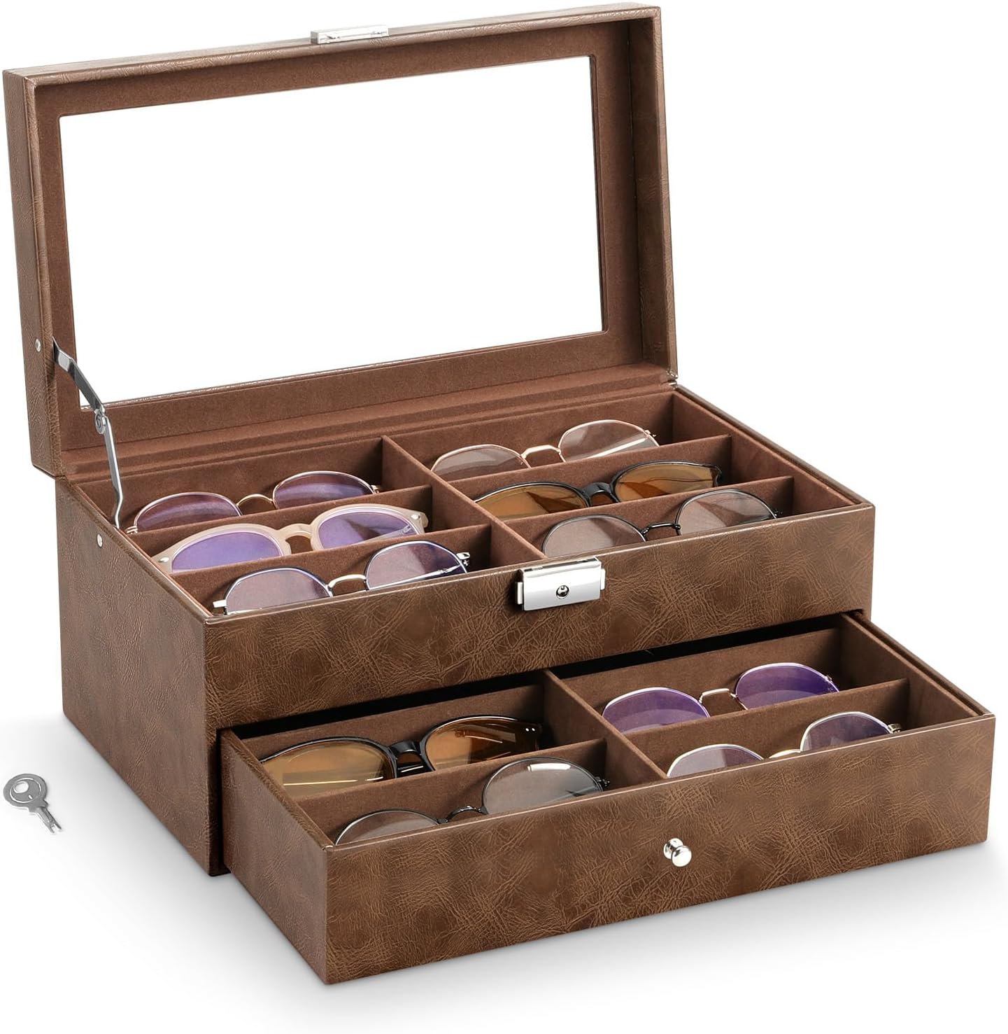 MoKo Sunglasses Organizer, Leather Sunglass Display Collection Holder Case with Drawer Clear Glass Lid