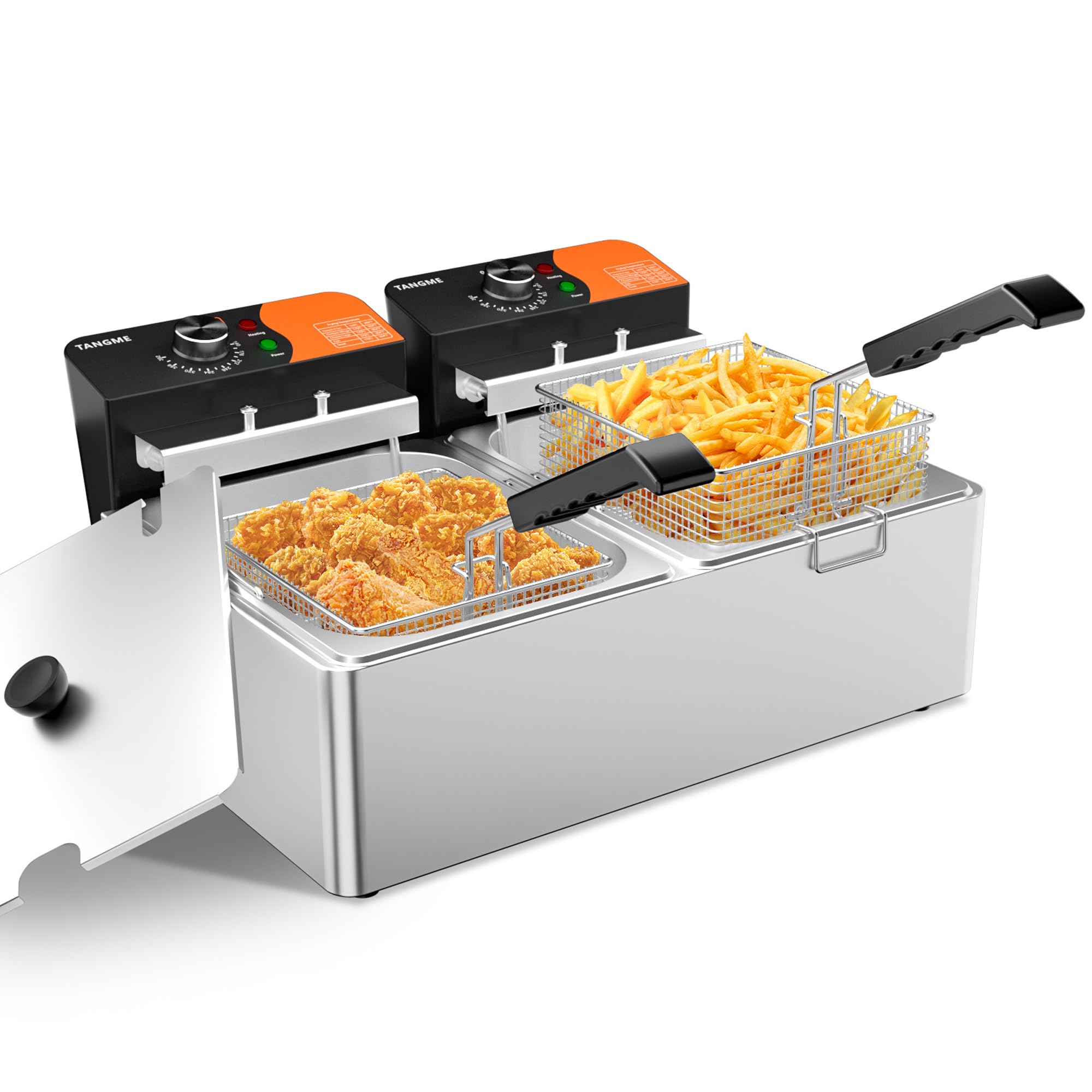 TANGME Commercial Deep Fryer, 3400W Electric Countertop Fryer 20.7QT with 6.35QTx2 Baskets Stainless Steel Oil Fryer with Temperature Limiter for Home Kitchen and Restaurant