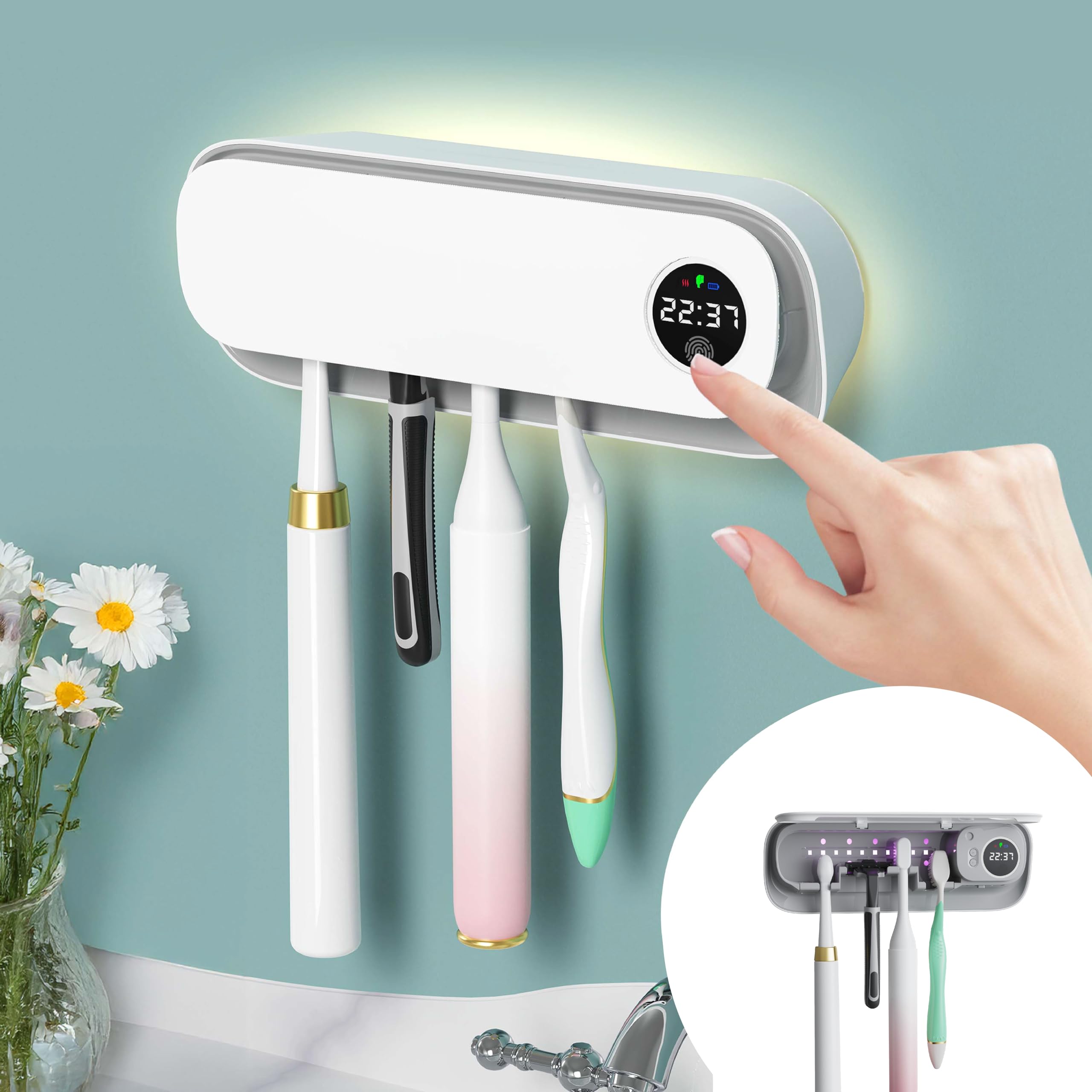 BlueBark UV Toothbrush Holders for Bathrooms Air DryingHolder Smart Home Bathroom Accessories Timer Function 5 Toothbrush Slots Toothbrush