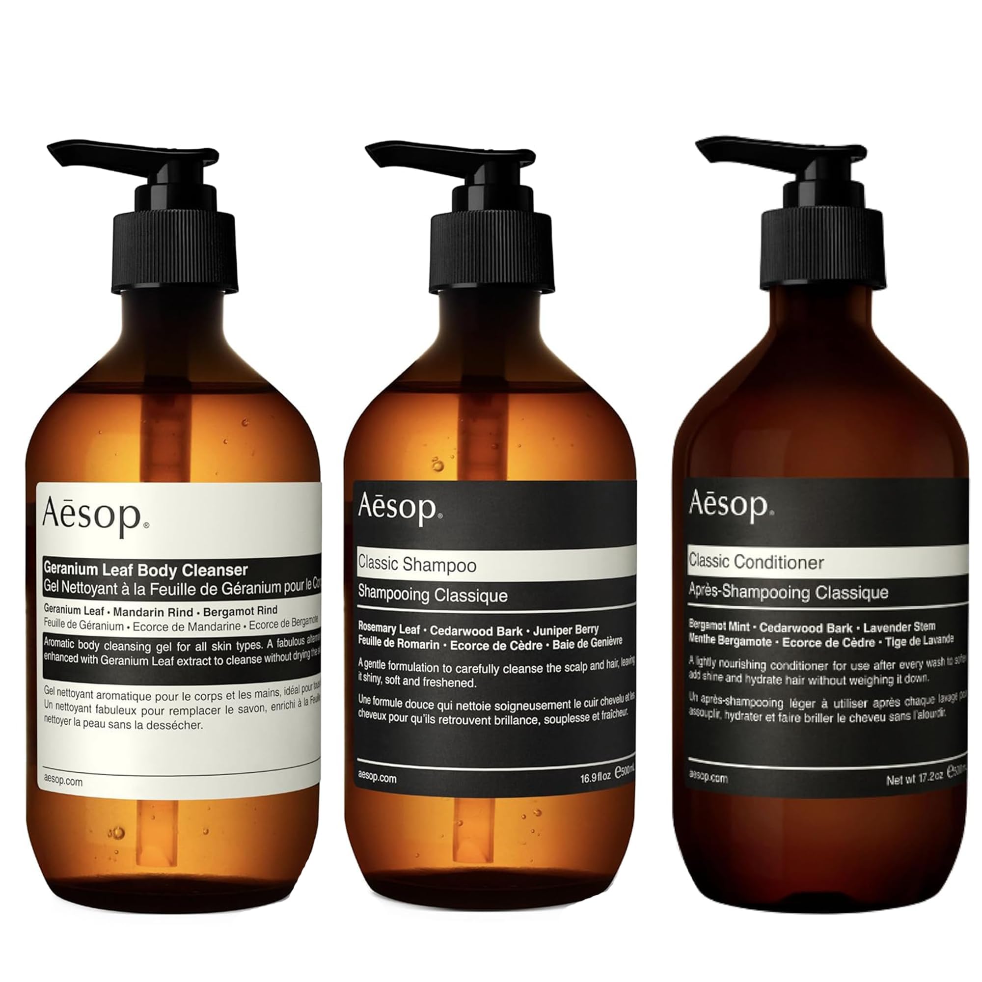 Aesop Geranium Leaf Body Cleanser + Classic Shampoo and Conditioner | Set of 3 (16.9 Oz)