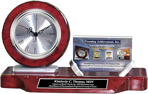 AllGiftFrames Soporte de tarjeta de visita personalizado Grabado Executive Placa de Nombre Combo Escritorio de madera Negro Grabado Reloj de plata
