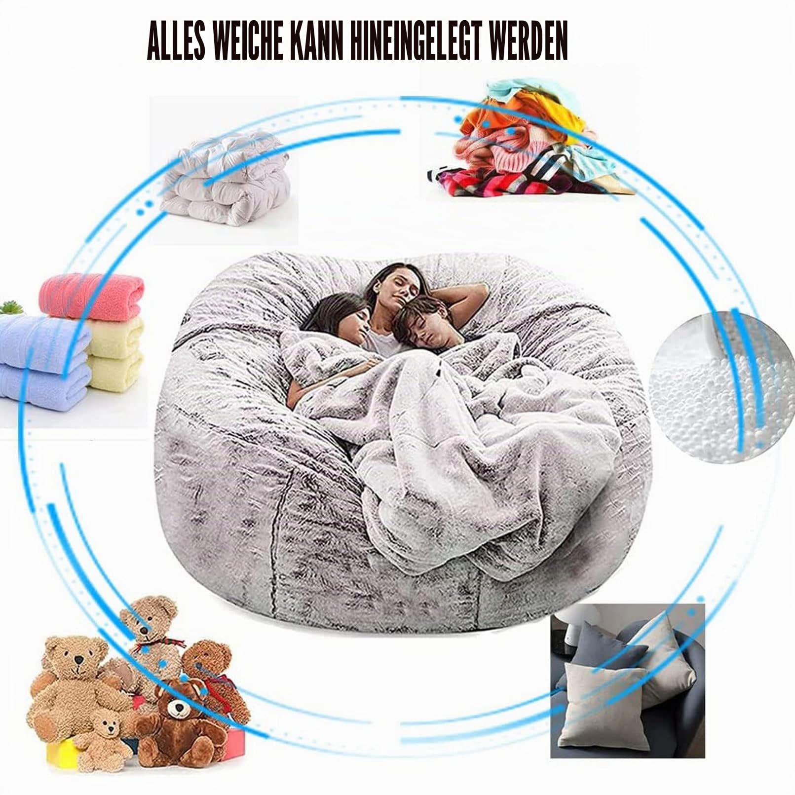 Sitzsack-/Stuhlbezug, riesiger Sitzsack-Sofabezug, weich und bequem, flauschiges Fell, Sitzsack-, Bett-Sofa-Bezug, faules Sofa, Liegestuhl-Kissenbezug, Himmelblau, Kingsize-Bett