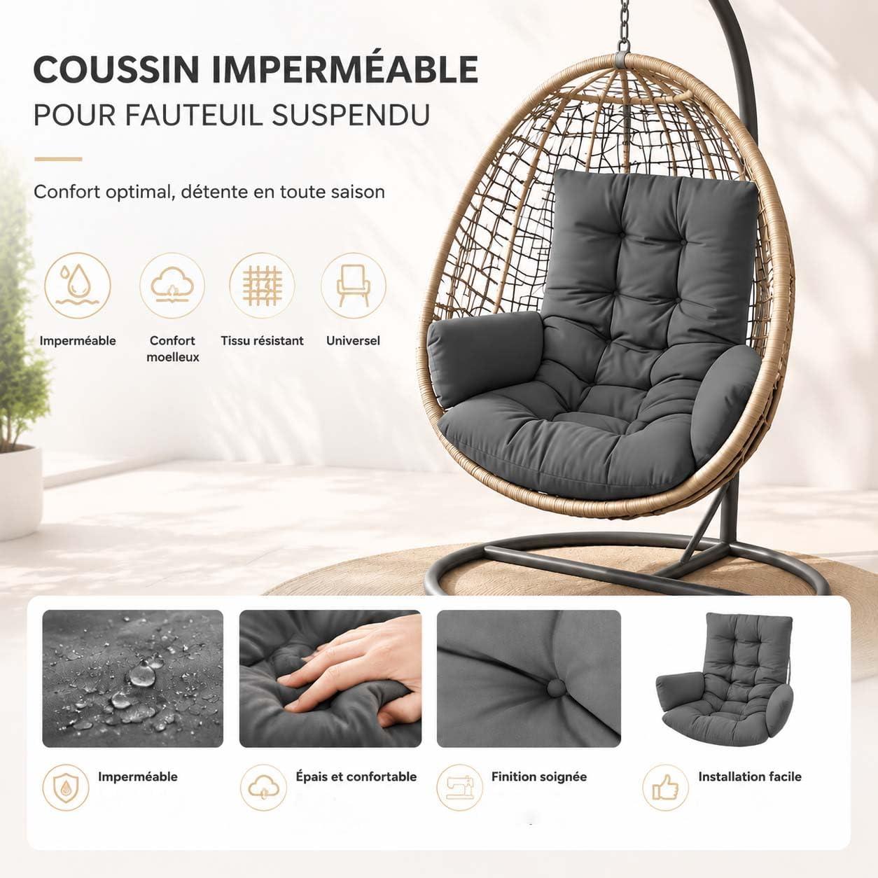 Coussin de fauteuil suspendu Imperméable Lavable, Oreillers De Oeuf balancelle suspendue, Coussin de jardin pour chaise à bascule, Pour Terrasse Et Balcon, Chaises Suspendues, Paniers Suspendus(K)