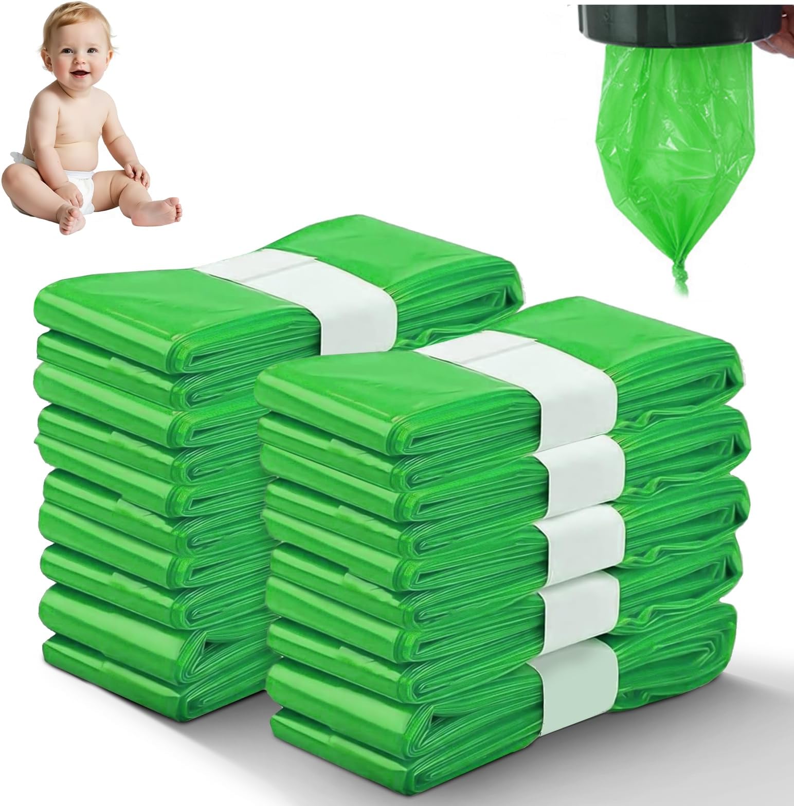10 Pack Nappy Bin Refill, 4.5m Diaper Pail Refill Bags Compatible with Tommee Tippee Twist & Click and Sangenic TEC Bins All Models of Trash Bins, Multi-layered odor-proof for Nappy Disposal (Green)