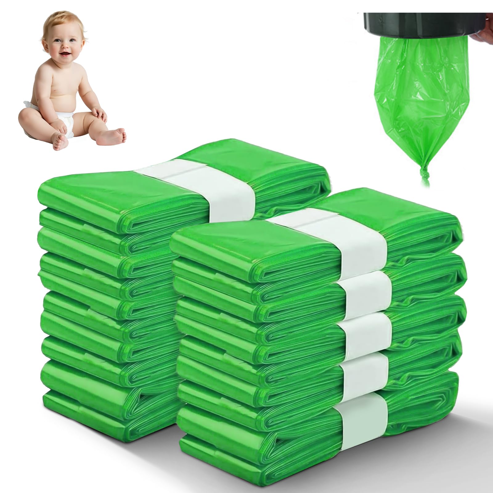 10 Pack Nappy Bin Refill, 4.5m Diaper Pail Refill Bags Compatible with Tommee Tippee Twist & Click and Sangenic TEC Bins All Models of Trash Bins, Multi-layered odor-proof for Nappy Disposal (Green)
