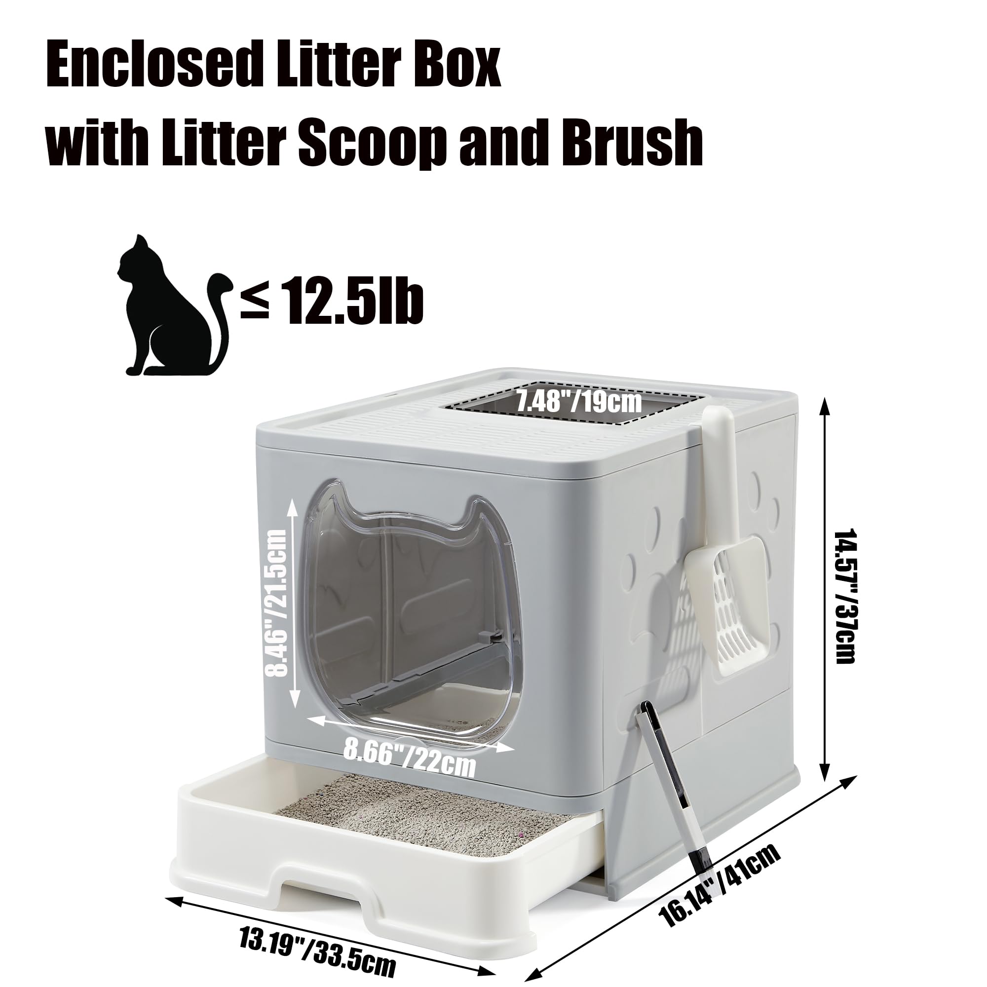 Vealind Caja de arena plegable para gatos con tapa, cajas cubiertas de arena para gatitos con cuchara y cepillo, caja de arena cerrada para gatos con bandeja de arena